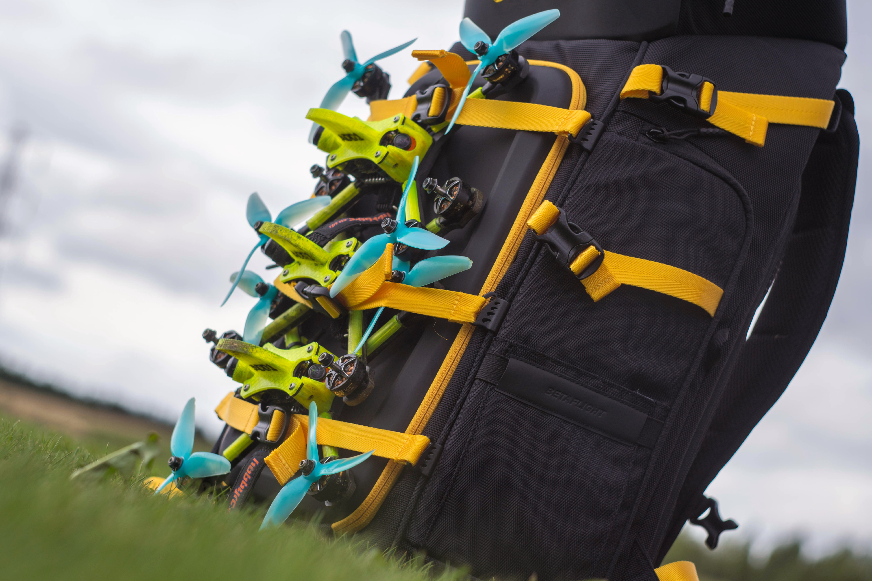 Backpack with a full array of quads on it.